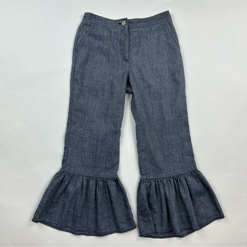 Anthropologie Ett:Twa Chambray Linen Ruffle Hem Wide Leg Pants Size 0 - Picture 2 of 10